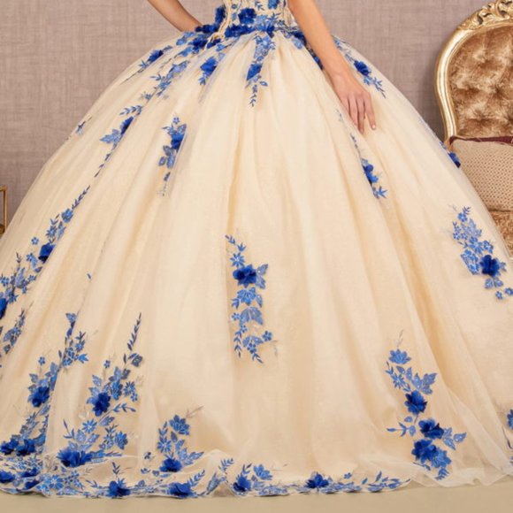 NEW FLOOR LENGTH BALL GOWN WITH FLORAL 3D APPLIQUE GLITTER & LACE UP BACK GL3105 - Picture 6 of 10